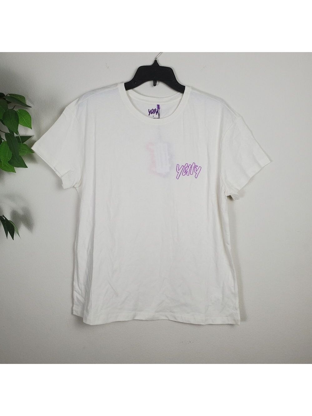 NEW Yitty Oversized White T Shirt Purple Logo Women's Size Small Comfy